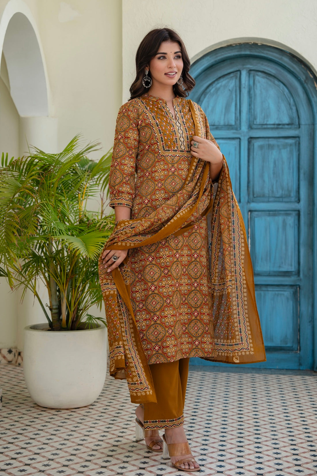 Mustard Ajrakh Print Kurta Set with Palazzos and Dupatta