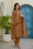 Mustard Ajrakh Print Kurta Set with Palazzos and Dupatta