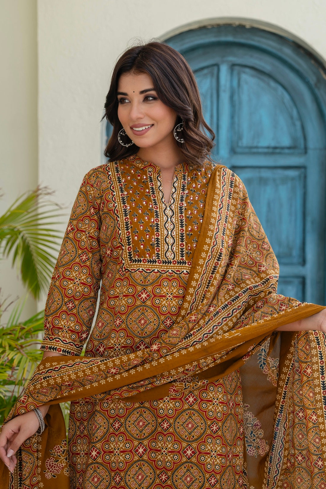 Mustard Ajrakh Print Kurta Set with Palazzos and Dupatta