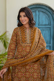 Mustard Ajrakh Print Kurta Set with Palazzos and Dupatta