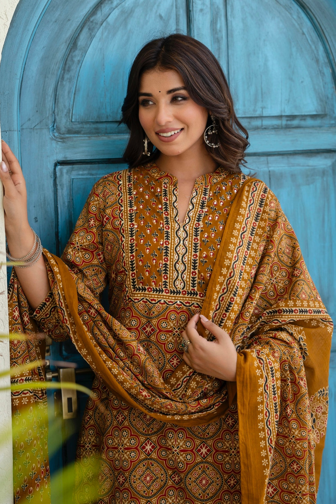 Mustard Ajrakh Print Kurta Set with Palazzos and Dupatta