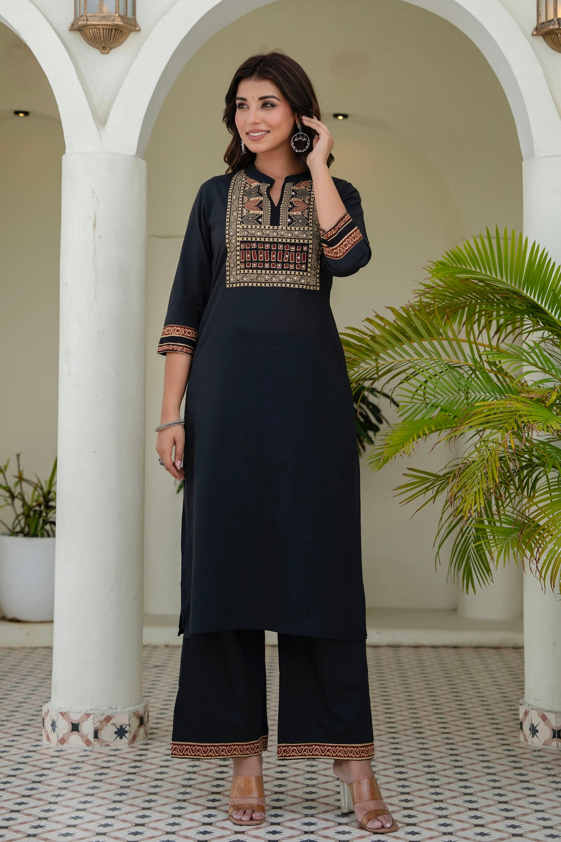 Black Yoke Design Solid Kurta Set with Palazzos and Printed Dupatta