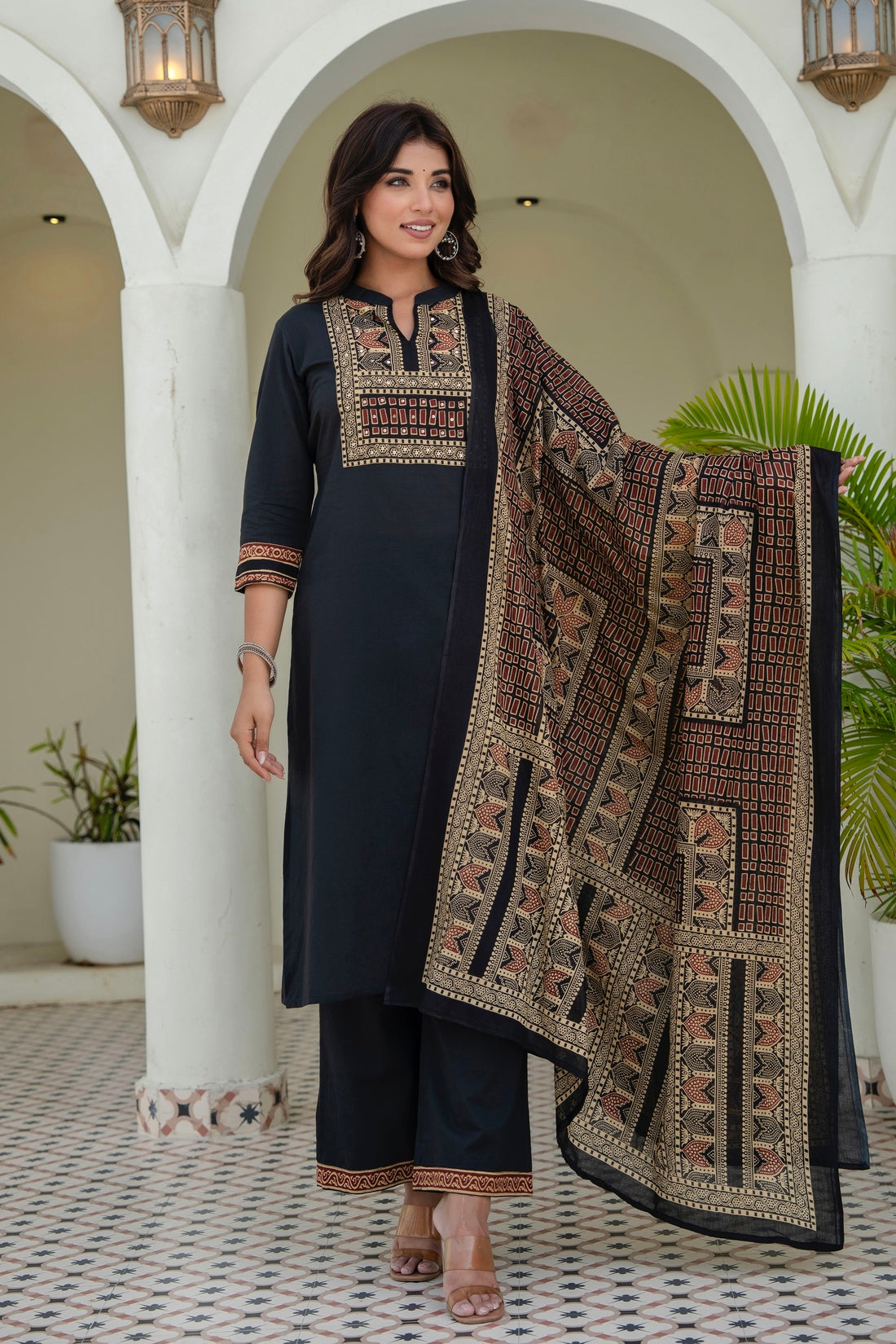 Black Yoke Design Solid Kurta Set with Palazzos and Printed Dupatta