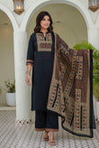 Black Yoke Design Solid Kurta Set with Palazzos and Printed Dupatta