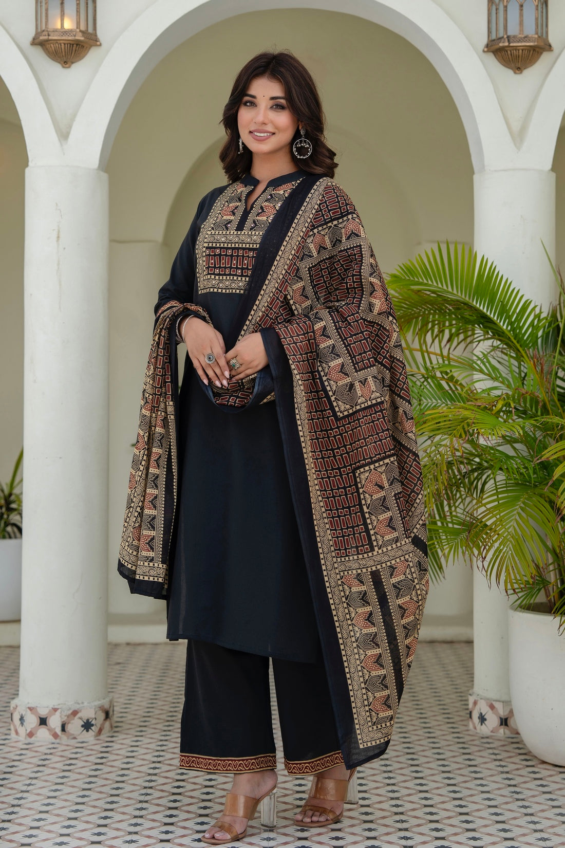Black Yoke Design Solid Kurta Set with Palazzos and Printed Dupatta