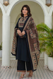 Black Yoke Design Solid Kurta Set with Palazzos and Printed Dupatta