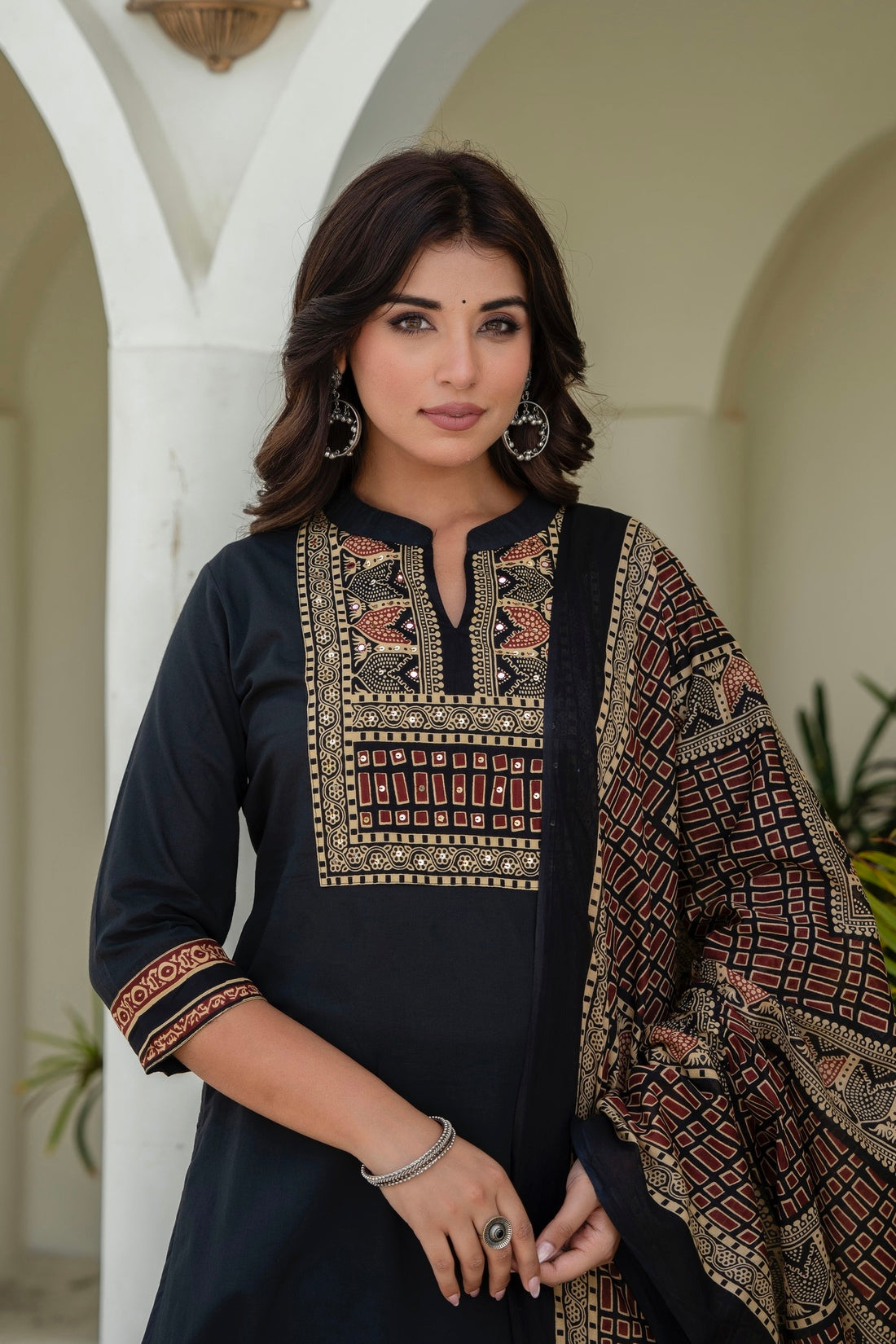 Black Yoke Design Solid Kurta Set with Palazzos and Printed Dupatta