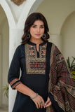 Black Yoke Design Solid Kurta Set with Palazzos and Printed Dupatta