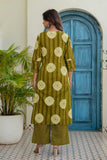 Olive Green Yoke Design Cotton Kurta Set with Palazzos and Dupatta
