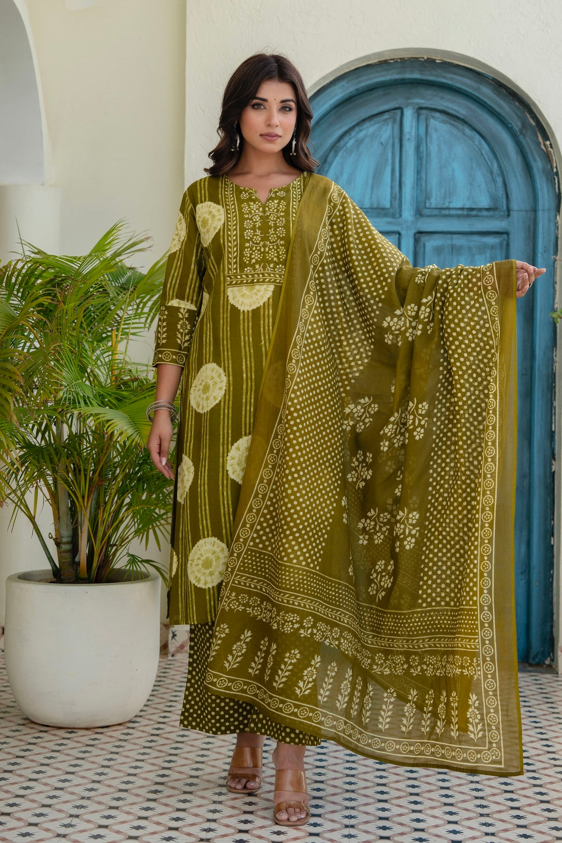 Olive Green Yoke Design Cotton Kurta Set with Palazzos and Dupatta