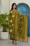 Olive Green Yoke Design Cotton Kurta Set with Palazzos and Dupatta