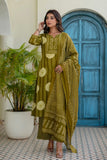 Olive Green Yoke Design Cotton Kurta Set with Palazzos and Dupatta