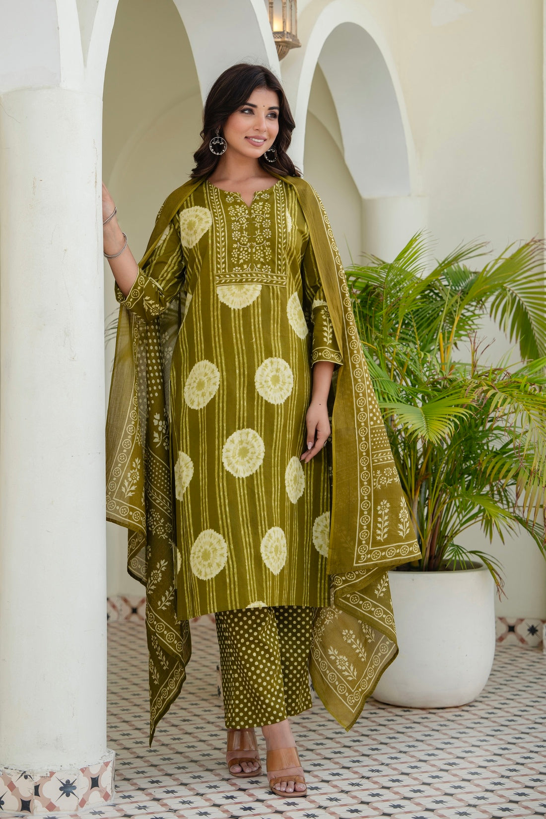 Olive Green Yoke Design Cotton Kurta Set with Palazzos and Dupatta