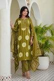 Olive Green Yoke Design Cotton Kurta Set with Palazzos and Dupatta