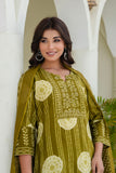Olive Green Yoke Design Cotton Kurta Set with Palazzos and Dupatta
