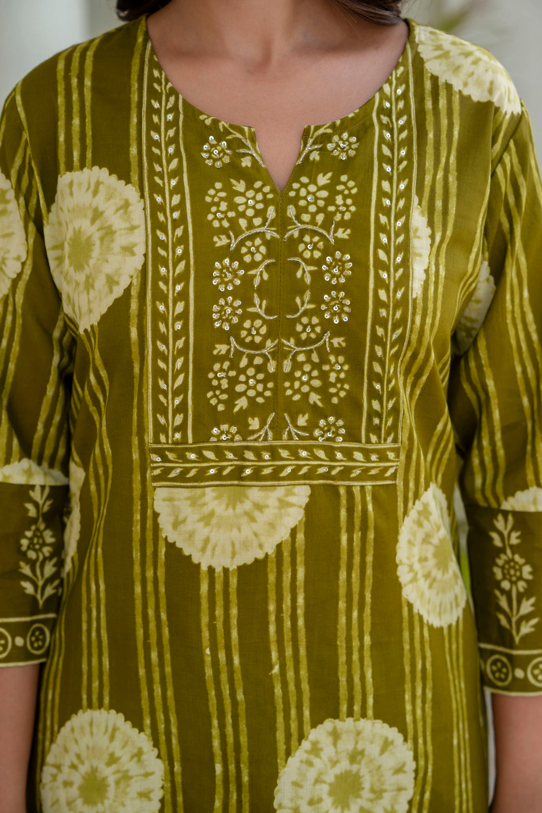 Olive Green Yoke Design Cotton Kurta Set with Palazzos and Dupatta