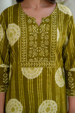 Olive Green Yoke Design Cotton Kurta Set with Palazzos and Dupatta