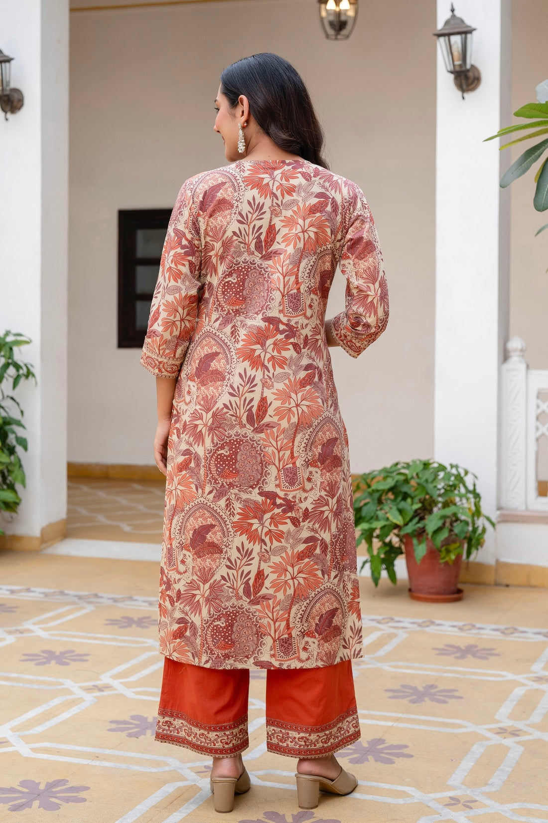 Rust Floral Print Cotton Kurta Set with Palazzos and Kota Doriya Dupatta