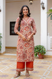 Rust Floral Print Cotton Kurta Set with Palazzos and Kota Doriya Dupatta