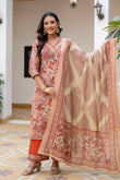 Rust Floral Print Cotton Kurta Set with Palazzos and Kota Doriya Dupatta