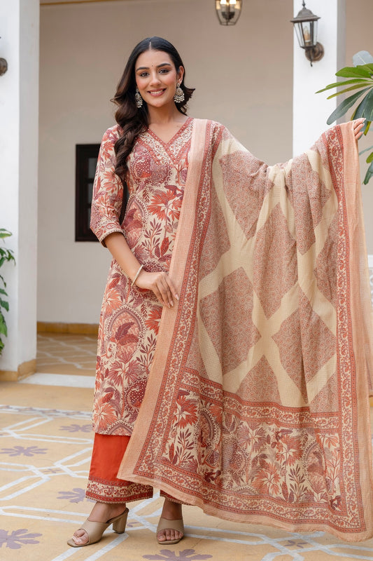 Rust Floral Print Cotton Kurta Set with Palazzos and Kota Doriya Dupatta