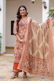 Rust Floral Print Cotton Kurta Set with Palazzos and Kota Doriya Dupatta