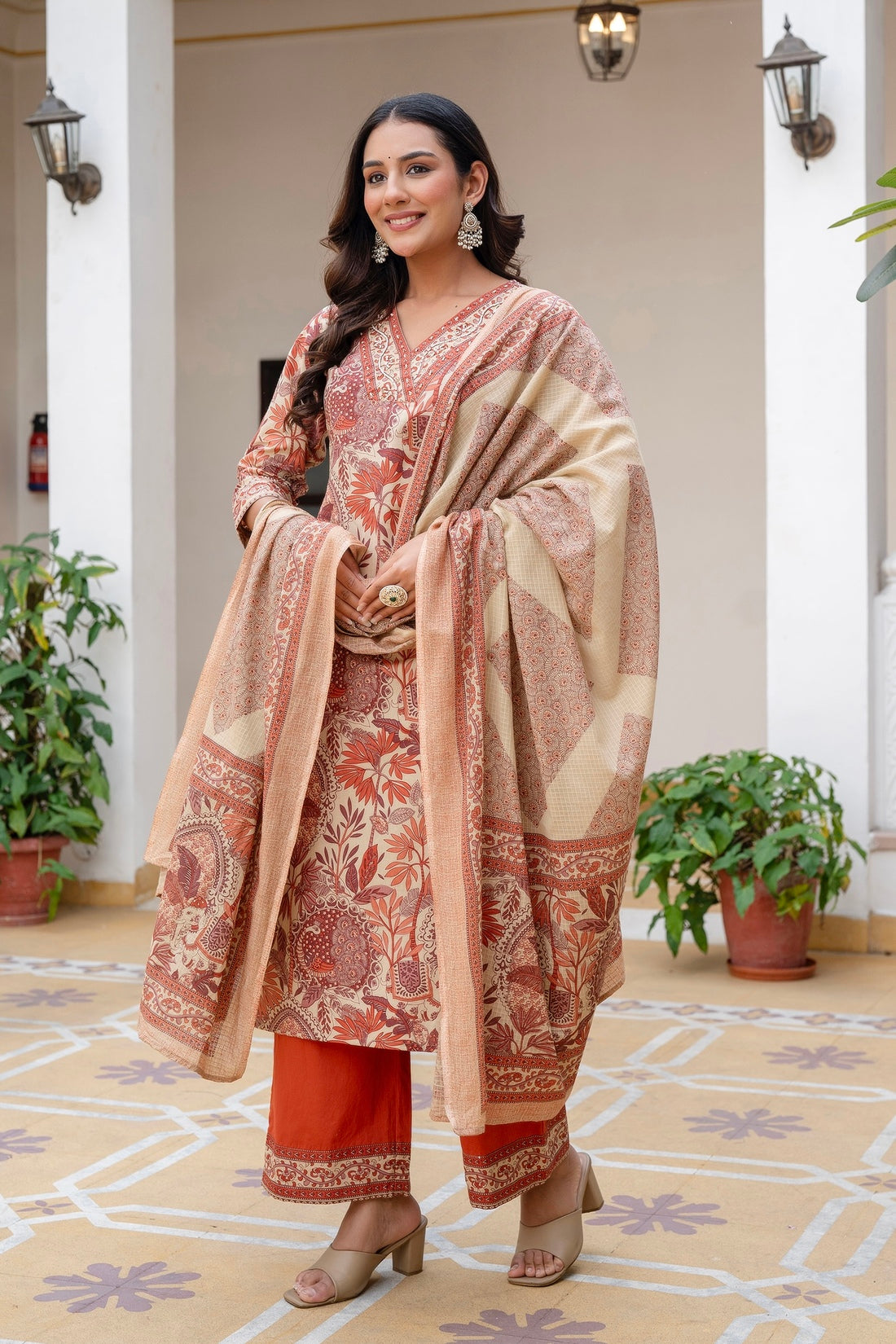 Rust Floral Print Cotton Kurta Set with Palazzos and Kota Doriya Dupatta