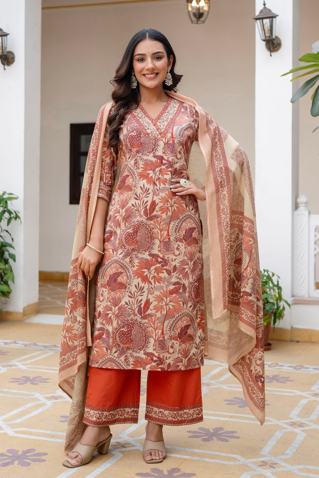 Rust Floral Print Cotton Kurta Set with Palazzos and Kota Doriya Dupatta