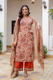 Rust Floral Print Cotton Kurta Set with Palazzos and Kota Doriya Dupatta