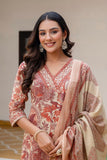 Rust Floral Print Cotton Kurta Set with Palazzos and Kota Doriya Dupatta