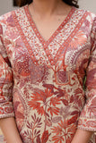 Rust Floral Print Cotton Kurta Set with Palazzos and Kota Doriya Dupatta