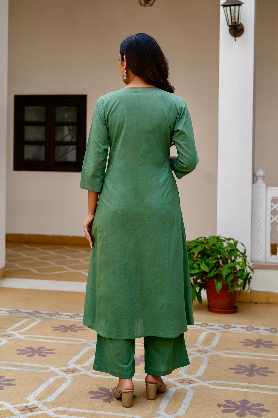 Green Patchwork Festive Aline Suit Set with Palazzo and Dupatta