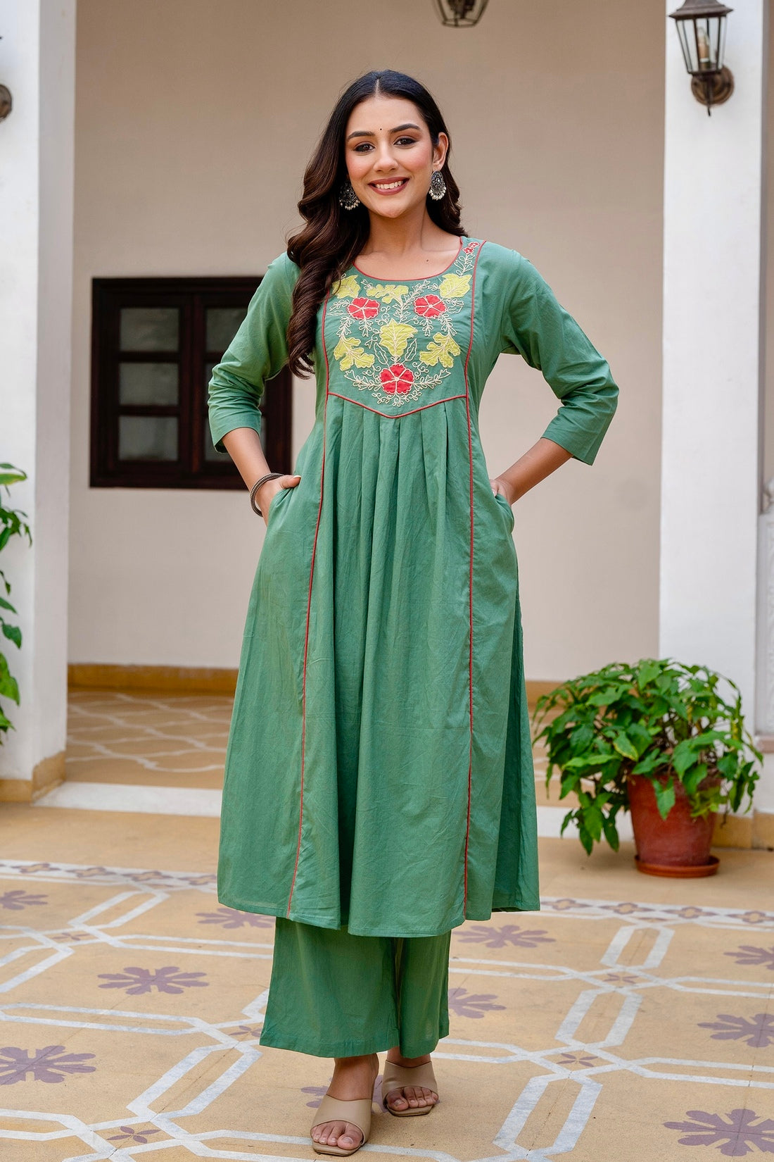Green Patchwork Festive Aline Suit Set with Palazzo and Dupatta