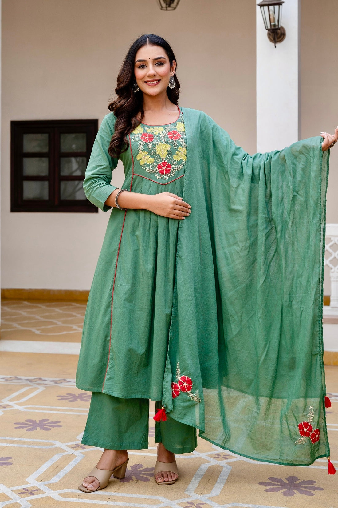 Green Patchwork Festive Aline Suit Set with Palazzo and Dupatta