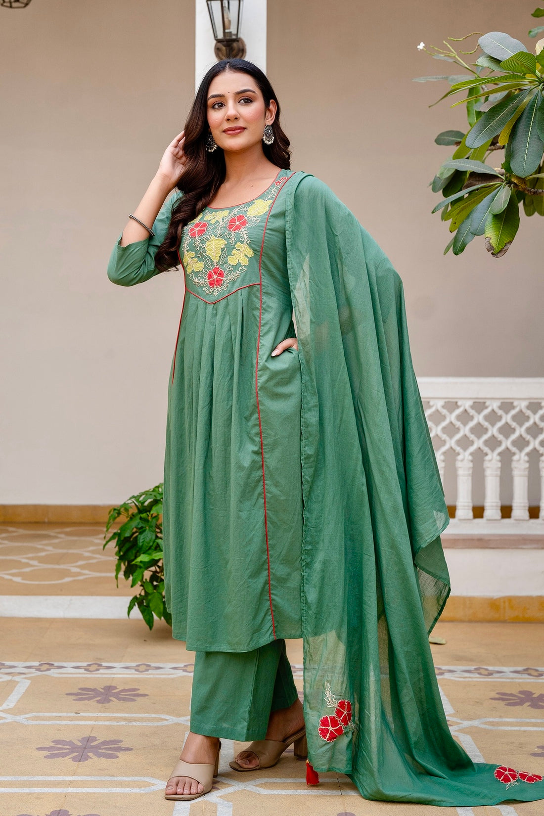 Green Patchwork Festive Aline Suit Set with Palazzo and Dupatta