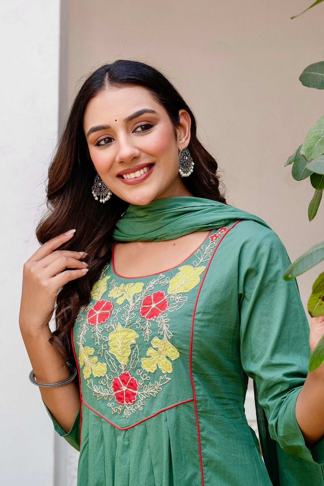 Green Patchwork Festive Aline Suit Set with Palazzo and Dupatta