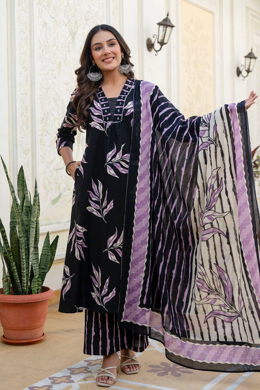 Black and Purple Aline Suit Set with Palazzo and Dupatta