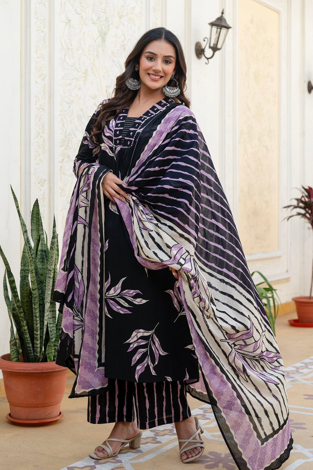 Black and Purple Aline Suit Set with Palazzo and Dupatta