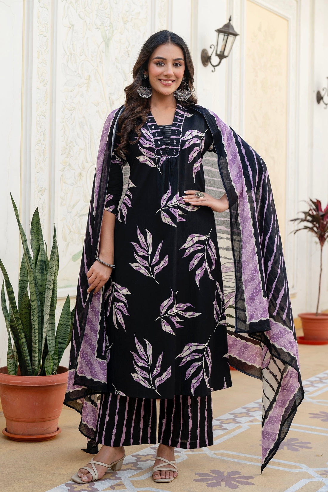 Black and Purple Aline Suit Set with Palazzo and Dupatta