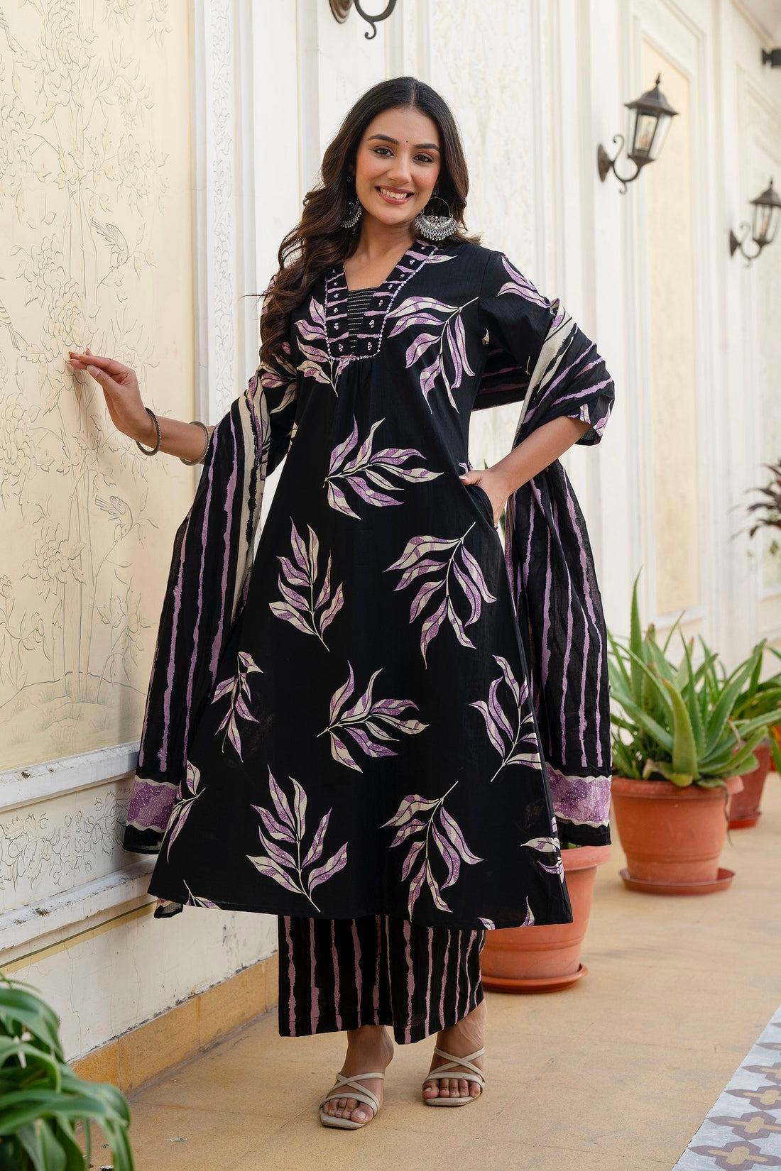 Black and Purple Aline Suit Set with Palazzo and Dupatta