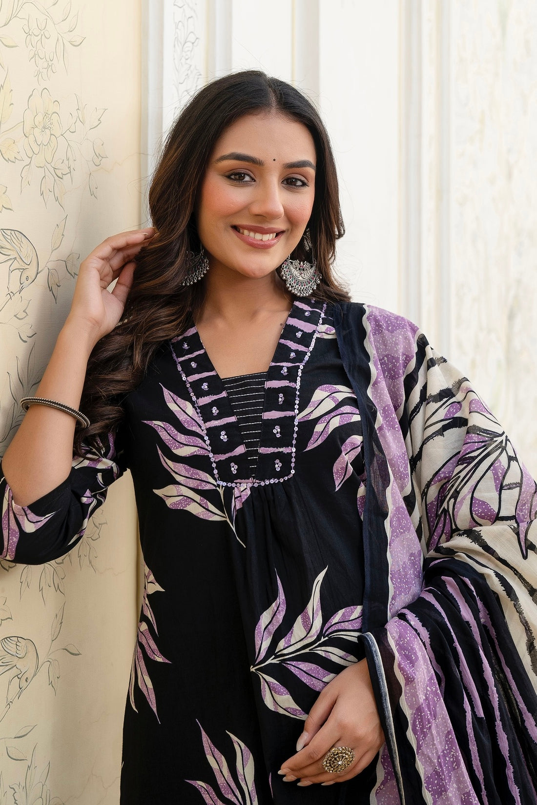 Black and Purple Aline Suit Set with Palazzo and Dupatta