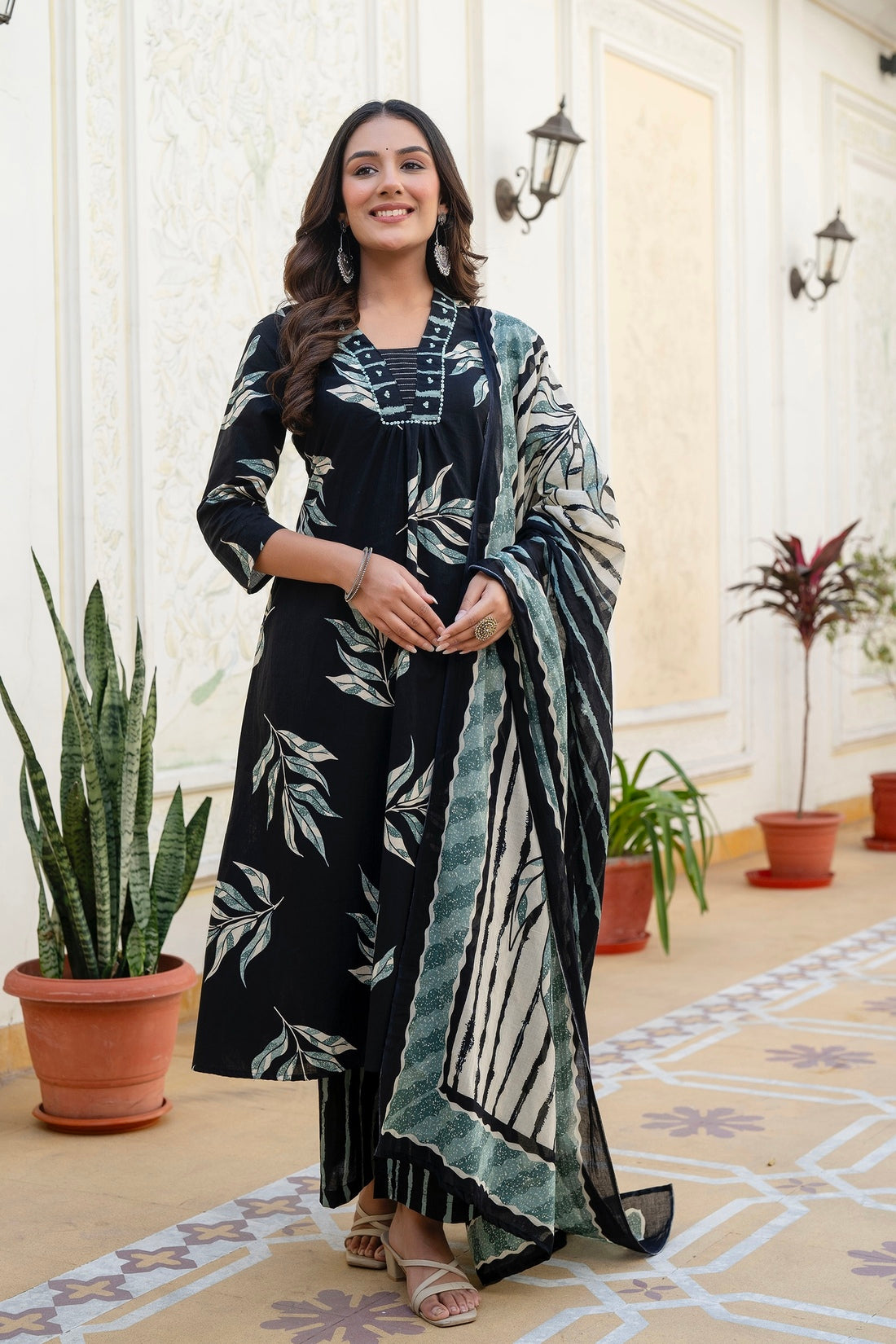 Black and Green Aline Suit Set with Palazzo and Dupatta