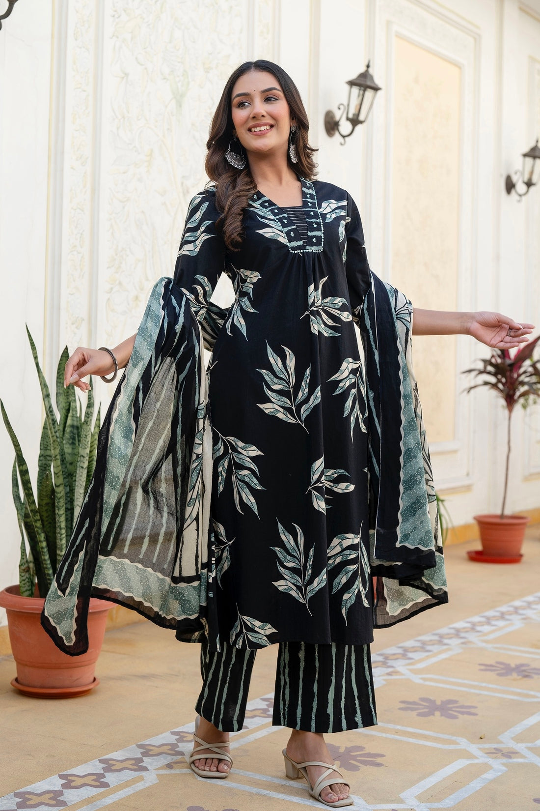 Black and Green Aline Suit Set with Palazzo and Dupatta