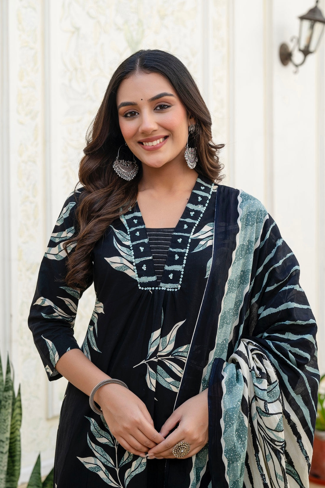 Black and Green Aline Suit Set with Palazzo and Dupatta