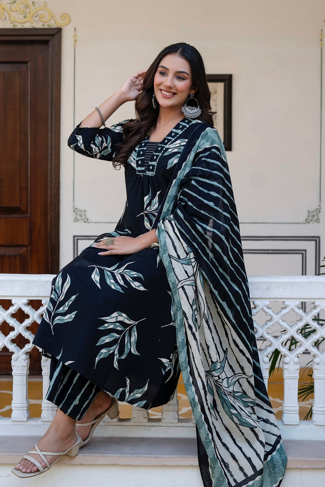 Black and Green Aline Suit Set with Palazzo and Dupatta