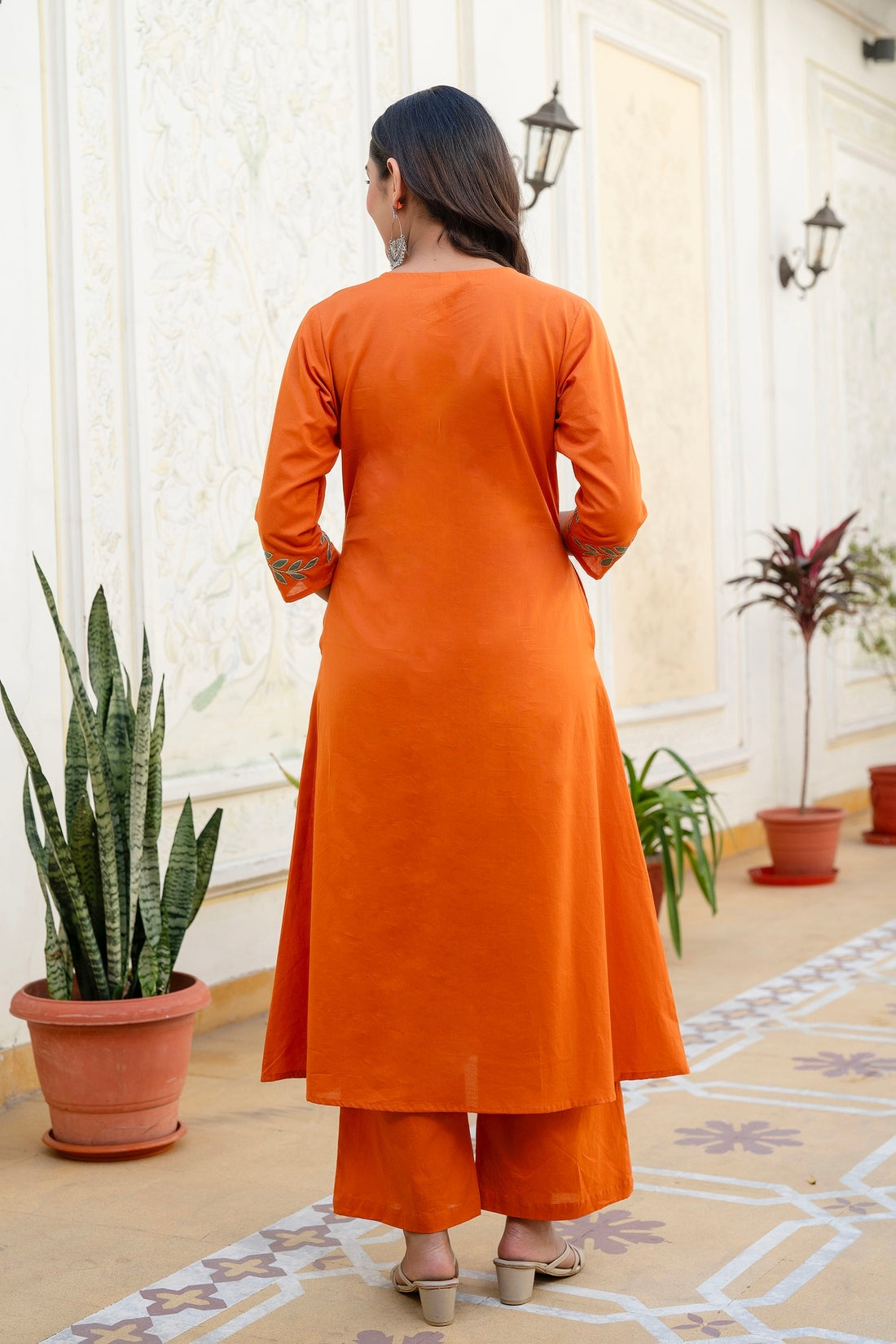 Orange Patchwork Festive Cotton Aline Suit Set with Palazzo and Dupatta