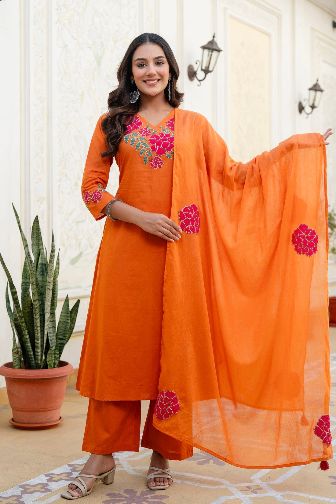 Orange Patchwork Festive Cotton Aline Suit Set with Palazzo and Dupatta