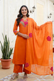 Orange Patchwork Festive Cotton Aline Suit Set with Palazzo and Dupatta