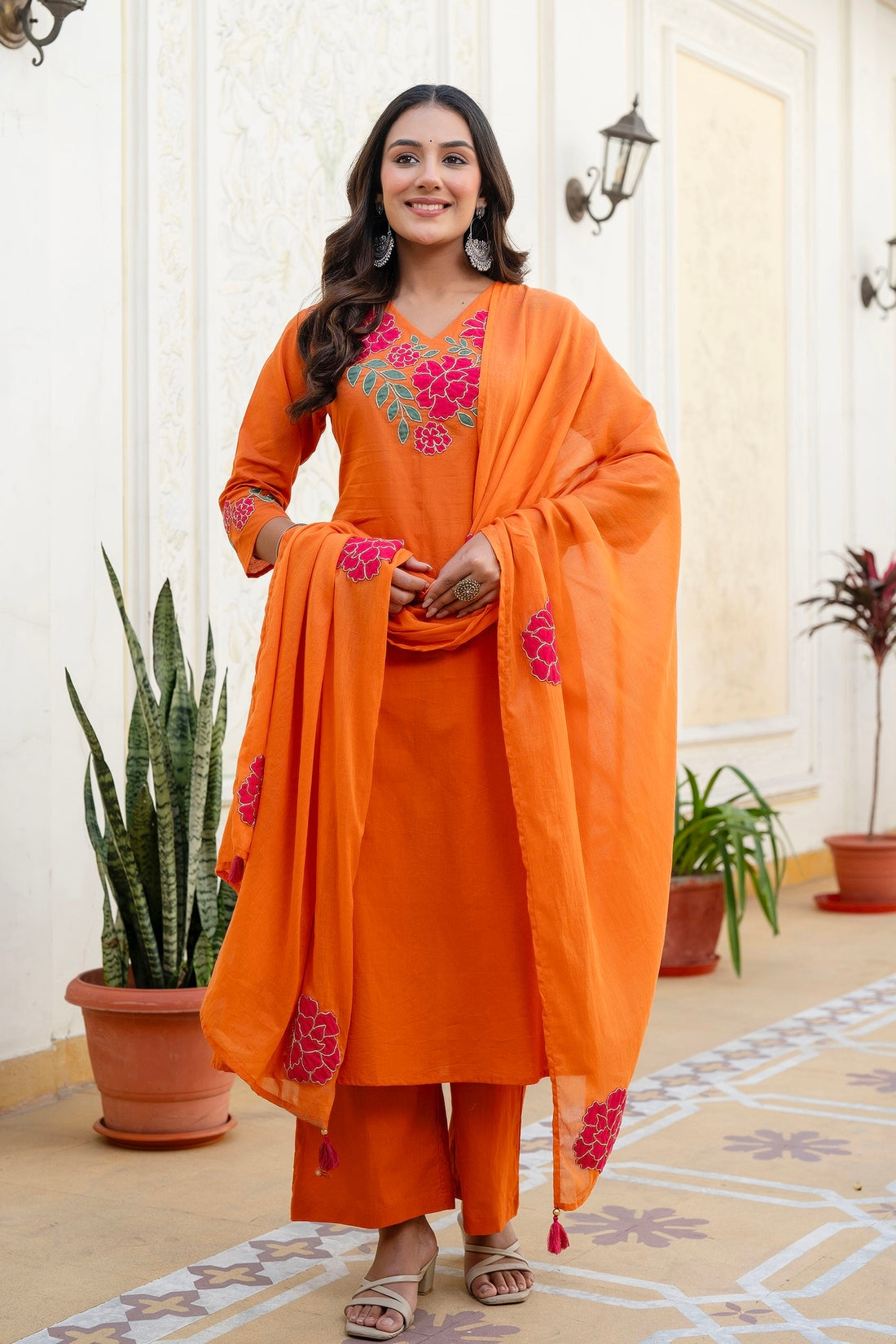 Orange Patchwork Festive Cotton Aline Suit Set with Palazzo and Dupatta