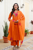 Orange Patchwork Festive Cotton Aline Suit Set with Palazzo and Dupatta